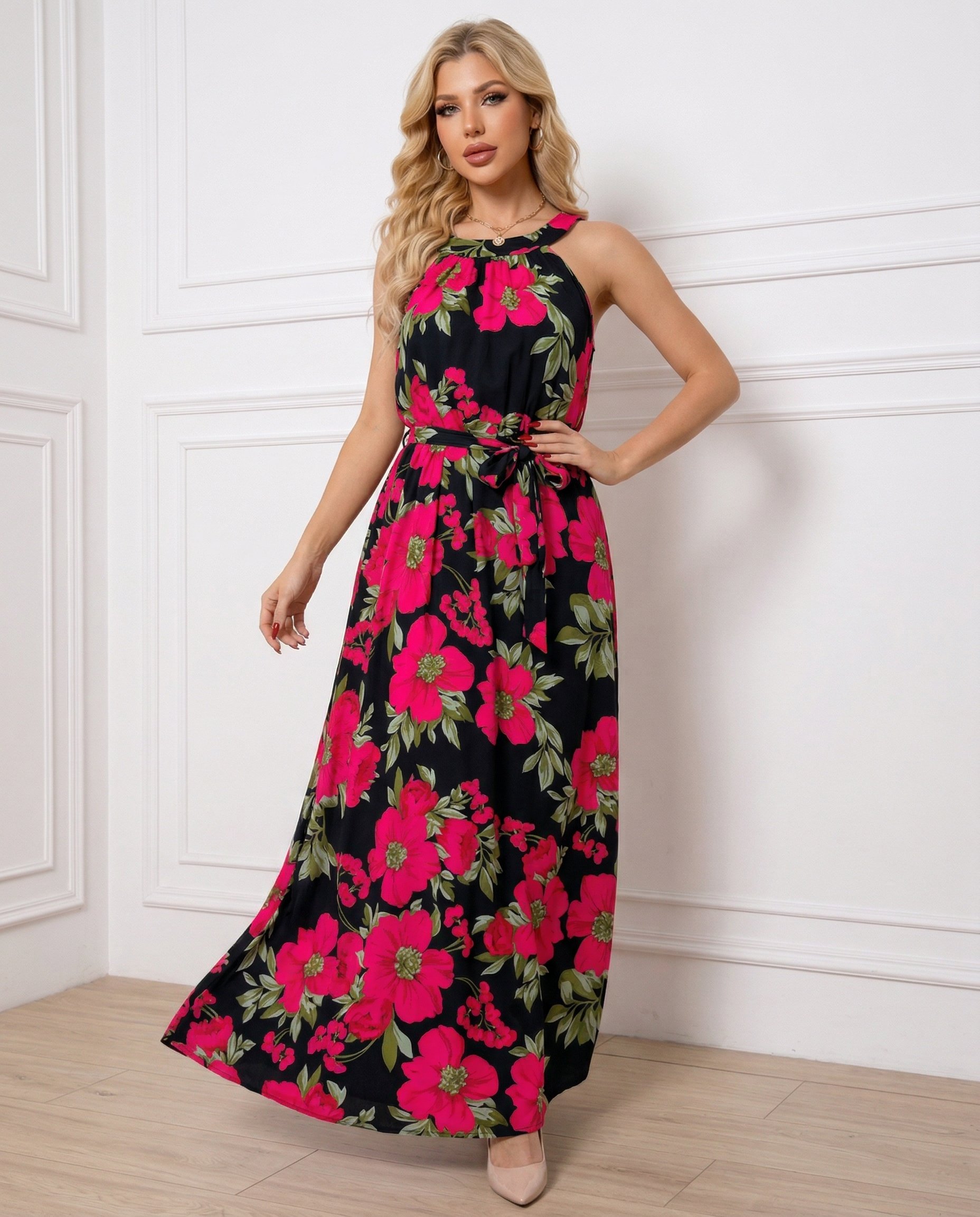 Sukienka RED BIG FLOWERS Miss Sara Maxi