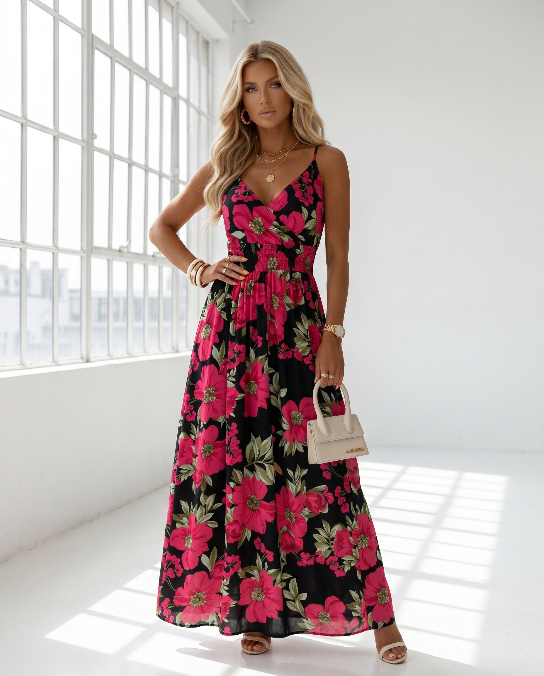 Sukienka RED BIG FLOWER Miss Sara Slim
