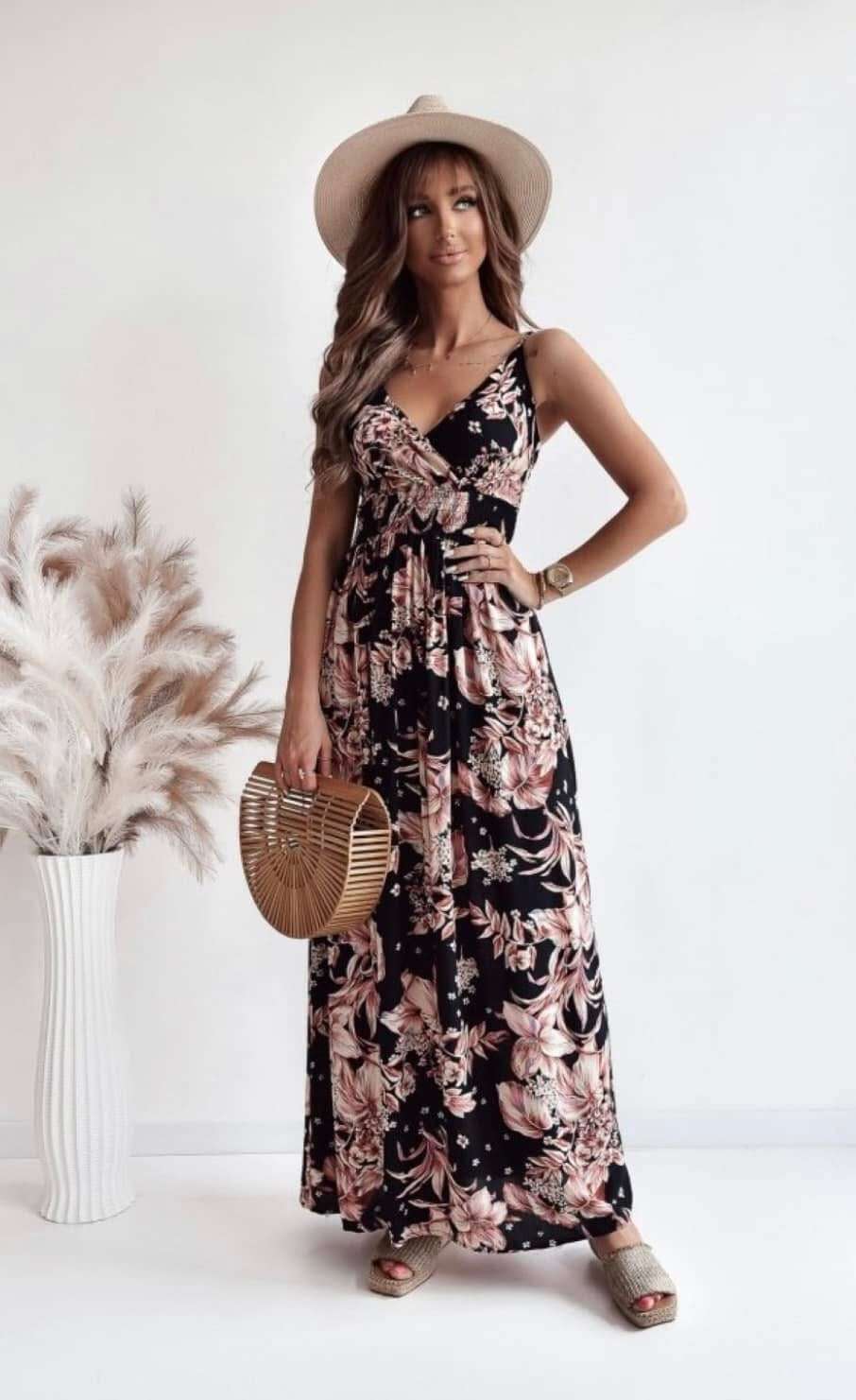 Sukienka BEIGE BIG FLOWER Miss Sara Slim - 5